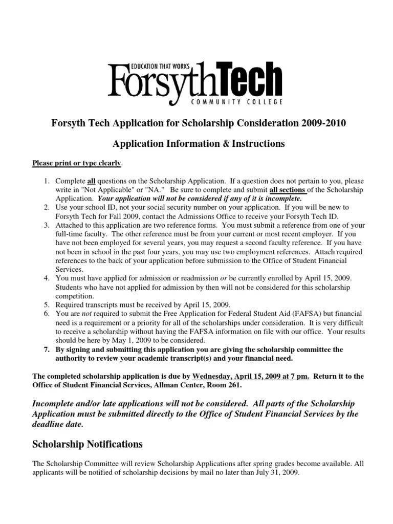 Forsyth Tech Application For Scholarship Consideration 20092010