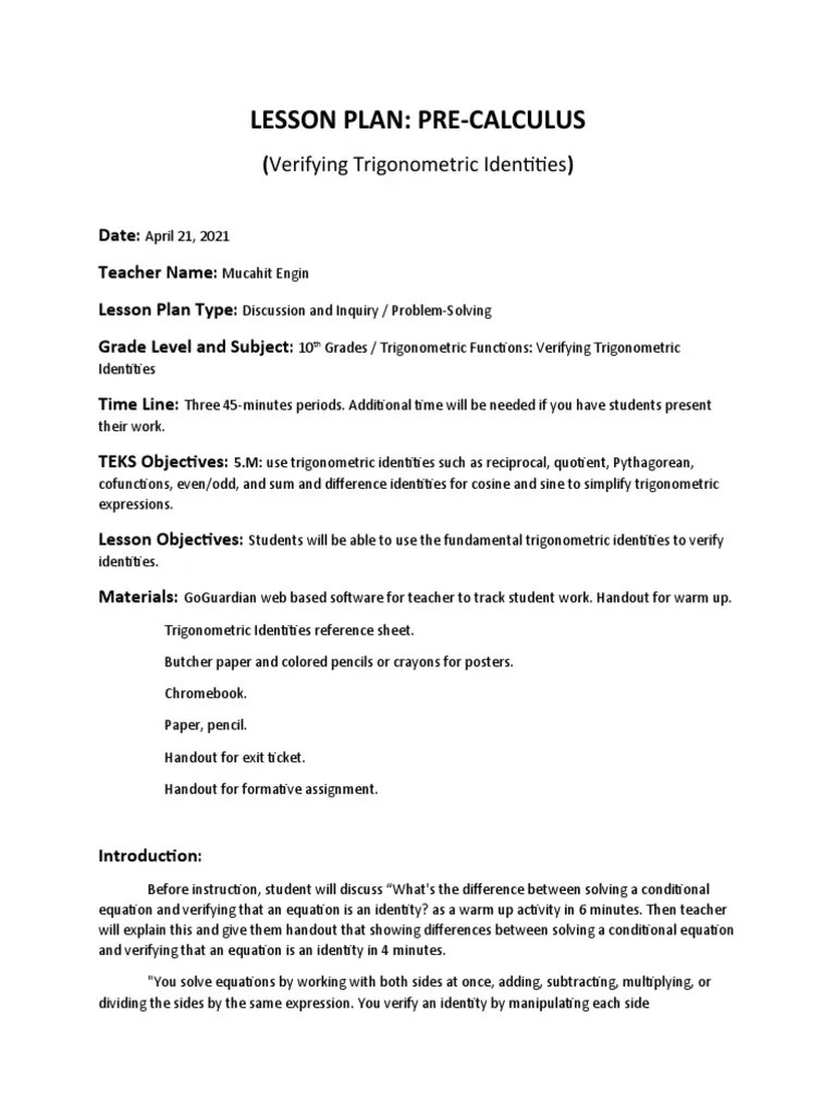 Lesson Plan Mucahit Engin PDF Trigonometric Functions Equations