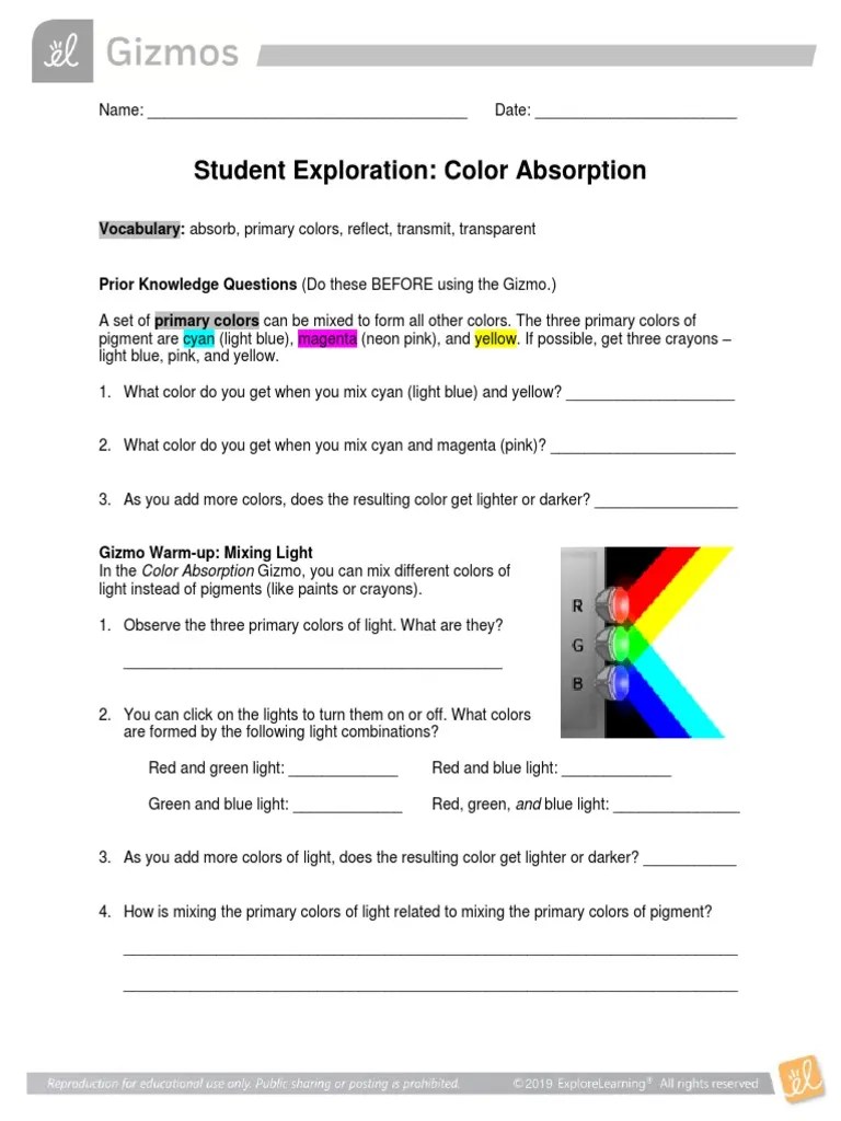 Student Exploration: Color Absorption: Vocabulary: Absorb, Primary