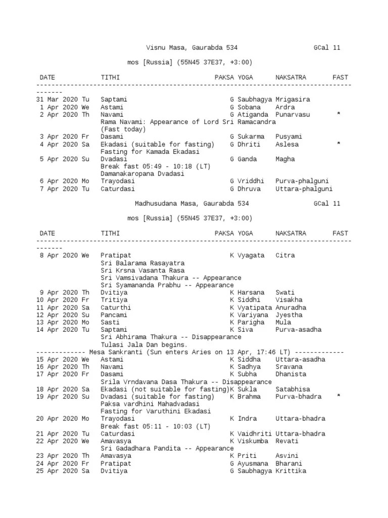 Vaishnava Calendar Moscow 20202025 PDF Theistic Indian Philosophy Vaishnavism