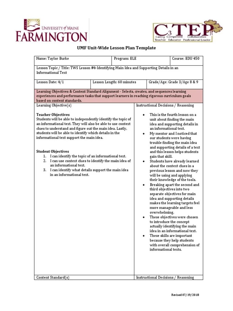 UMF UnitWide Lesson Plan Template Teacher Objectives PDF Reading Comprehension