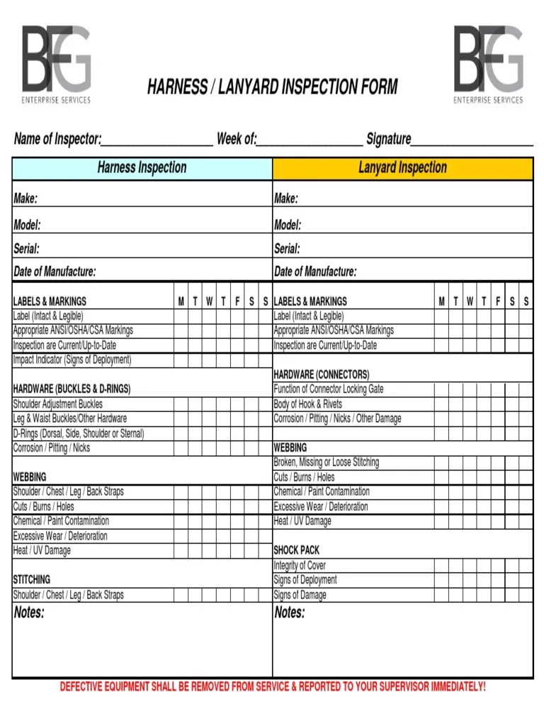 Fall Protection Harness & Lanyard Inspection Form PDF Manufactured