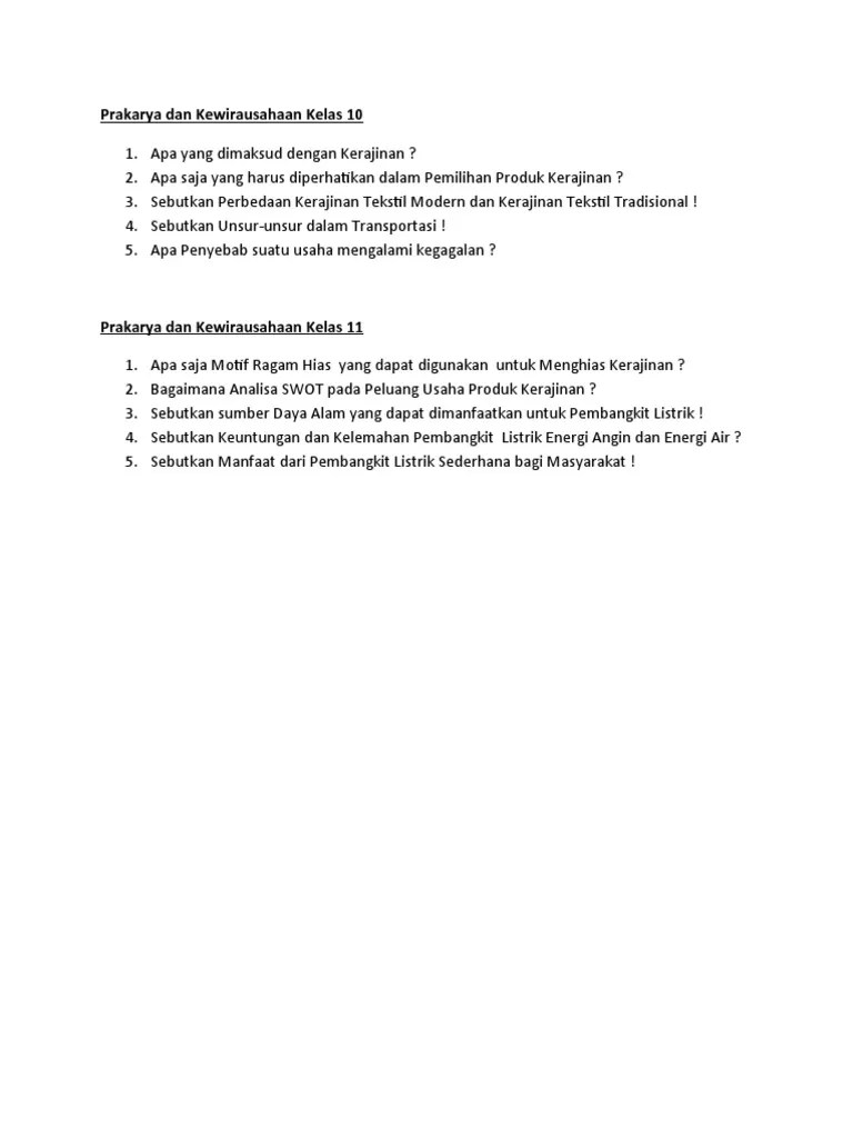 Soal Prakarya Dan Kewirausahaan 10 &amp; 11 | PDF
