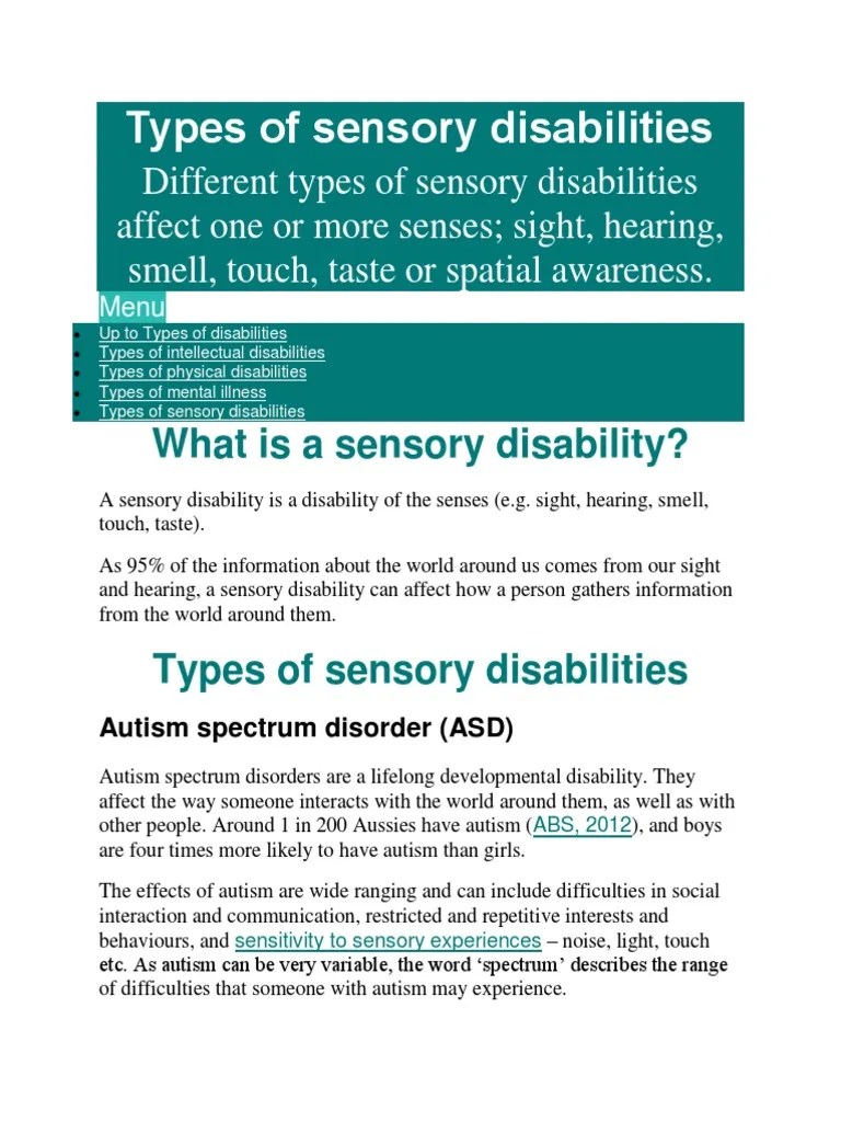 Types of Sensory Disabilities PDF Visual Impairment Autism