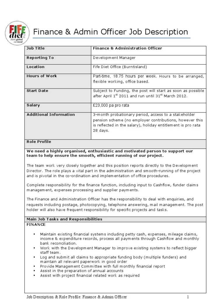 Finance and Admin Officer Job Description PDF Employment Business