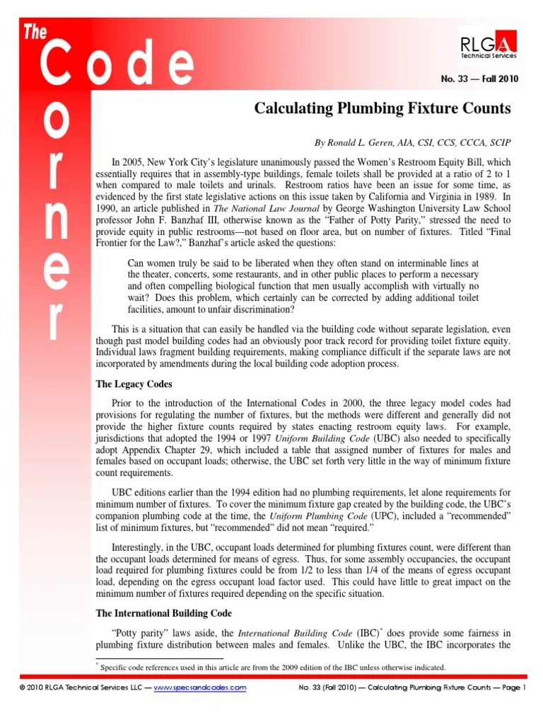 Calculating Plumbing Fixture Counts PDF Toilet Public Toilet