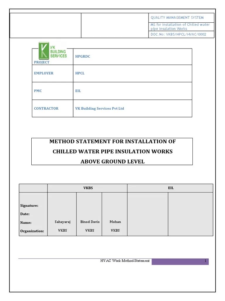 Method Statement For Installation of Chilled Water Pipe Insulation