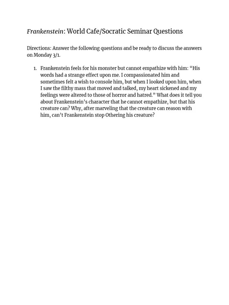 Frankenstein World Cafe/Socratic Seminar Questions PDF