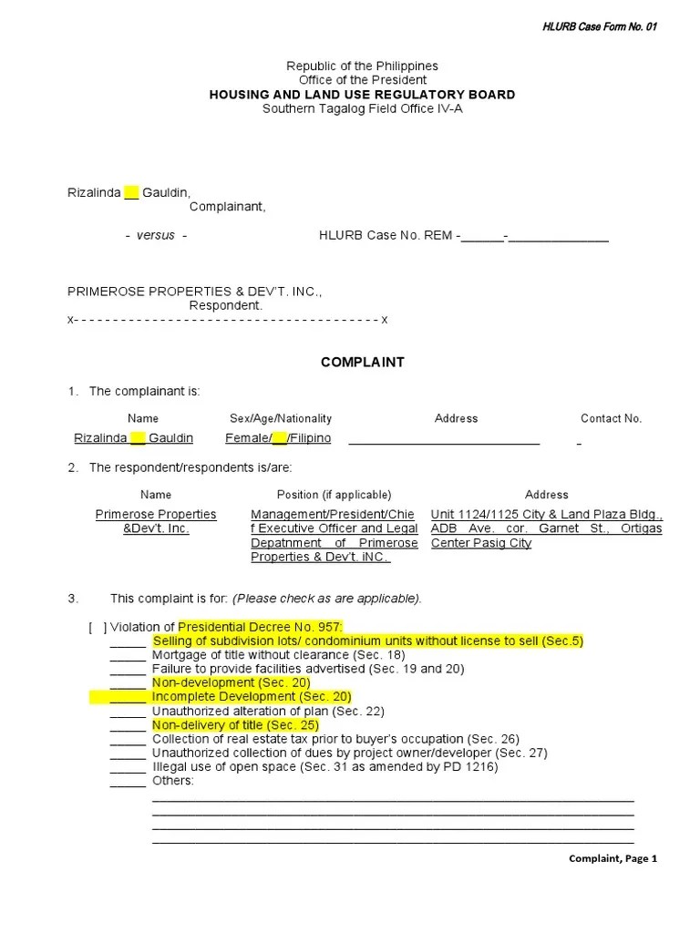 Case Form 01 REM Complaint PDF Evidence (Law) Plaintiff
