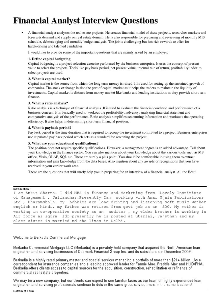 Financial Analyst Interview Questions And Answers Hr Letter Formats