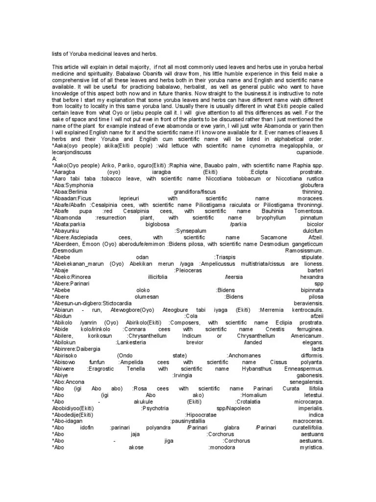 A Comprehensive List of Yoruba Medicinal Leaves and Herbs Yoruba