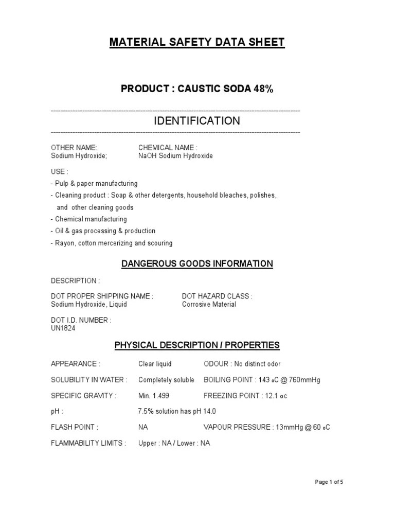Msds Caustic Soda Liquid 48 PDF Sodium Hydroxide Physical Sciences