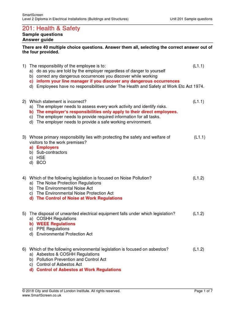 201 Health & Safety Sample Questions Answer Guide PDF Personal