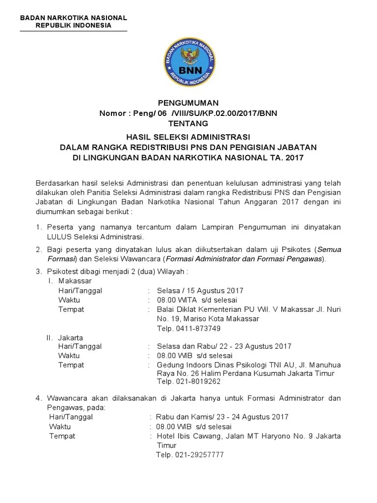2017 - Peng-BNN-06 - Redistribusi PNS &amp; Pengisian Jabatan BNN | PDF