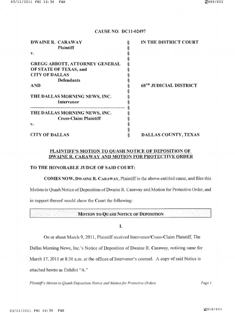 Caraway Motion to Quash Deposition Deposition (Law) Intervention (Law)