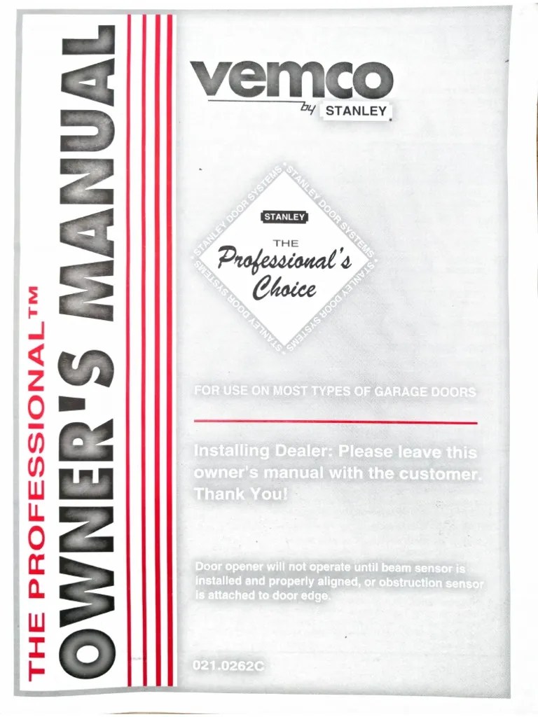 Stanley Vemco Garage Door Opener Owners Manual PDF