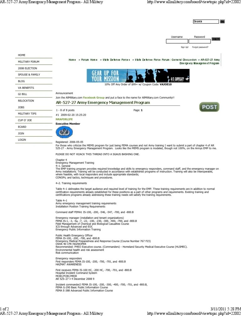 AR52727 Army Emergency Management Program All Military Incident