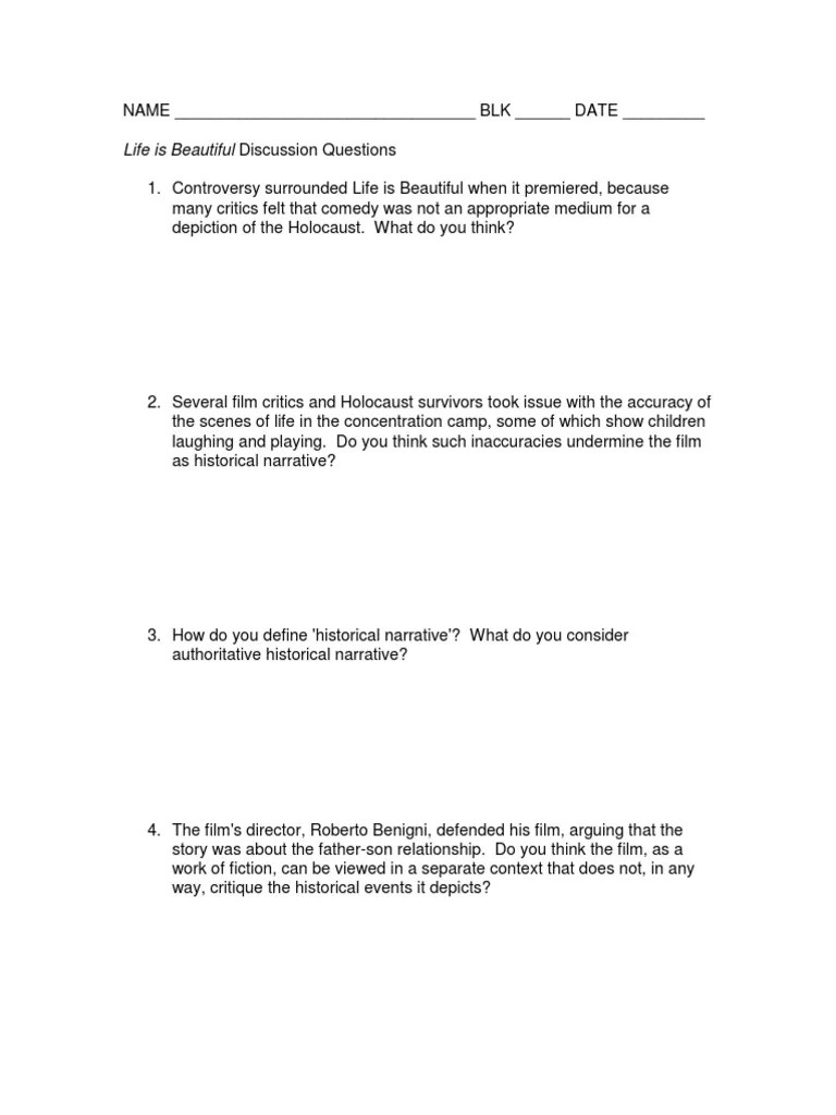 Life Is Beautiful Movie Worksheet PDF