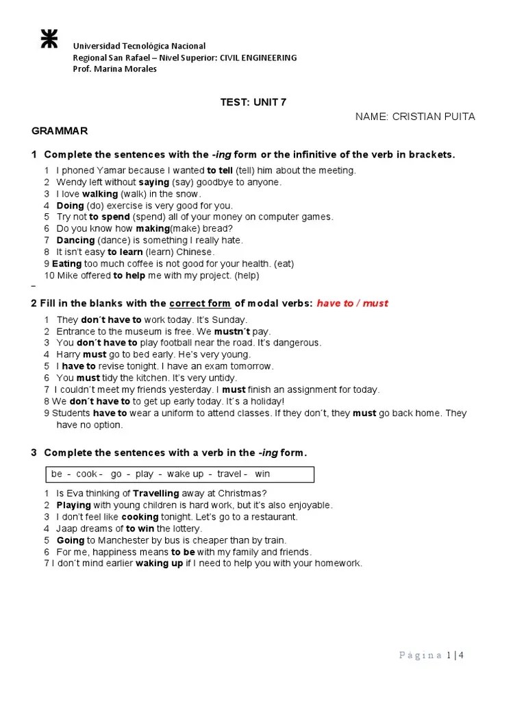 Test Unit 7 Grammar 1 Complete The Sentences With The Ing Form or