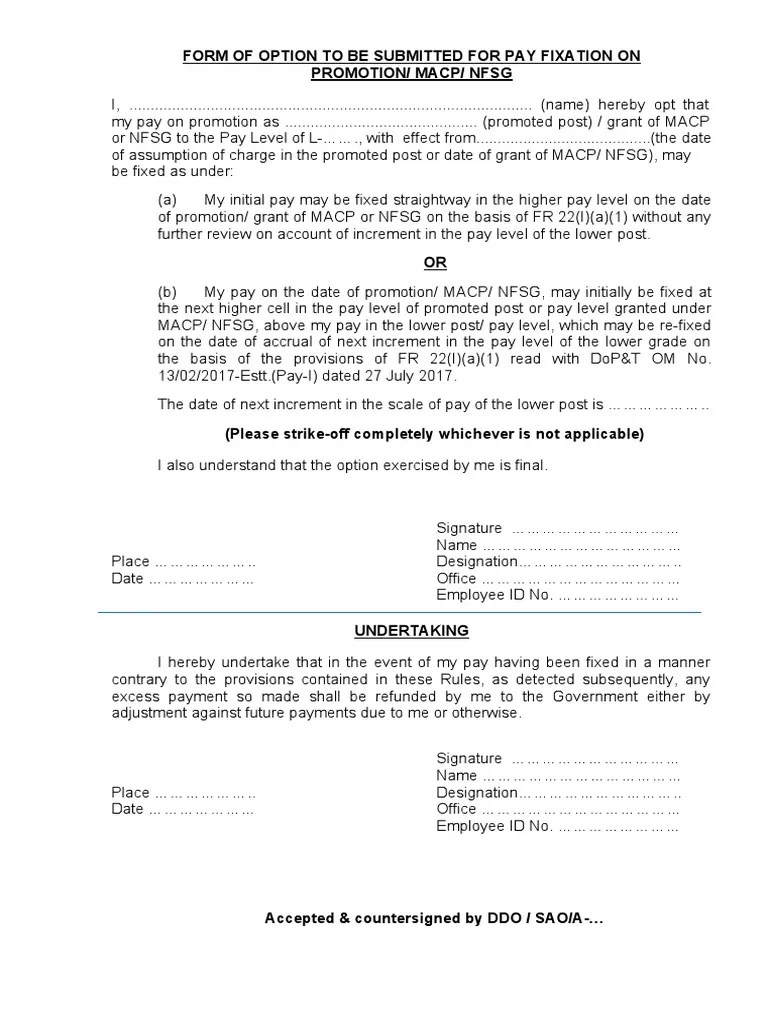 Form of Option To Be Submitted For Pay Fixation On Promotion/ Macp