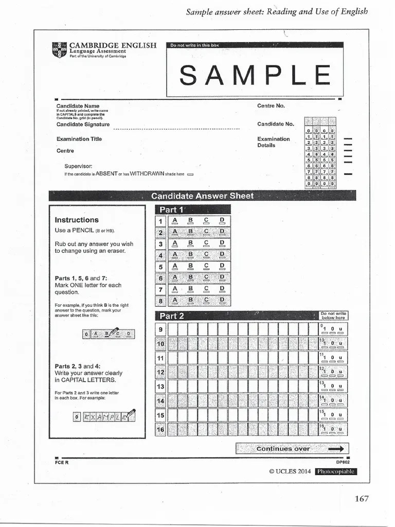 FCE Answer Sheet Reading and Use of English PDF