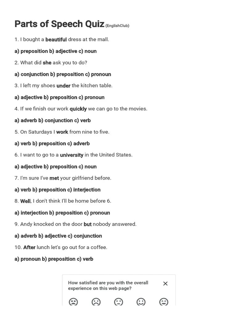 Parts of Speech Quiz Grammar PDF