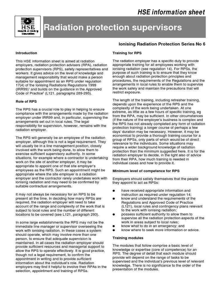 Radiation Protection Supervisors HSE Information Sheet PDF