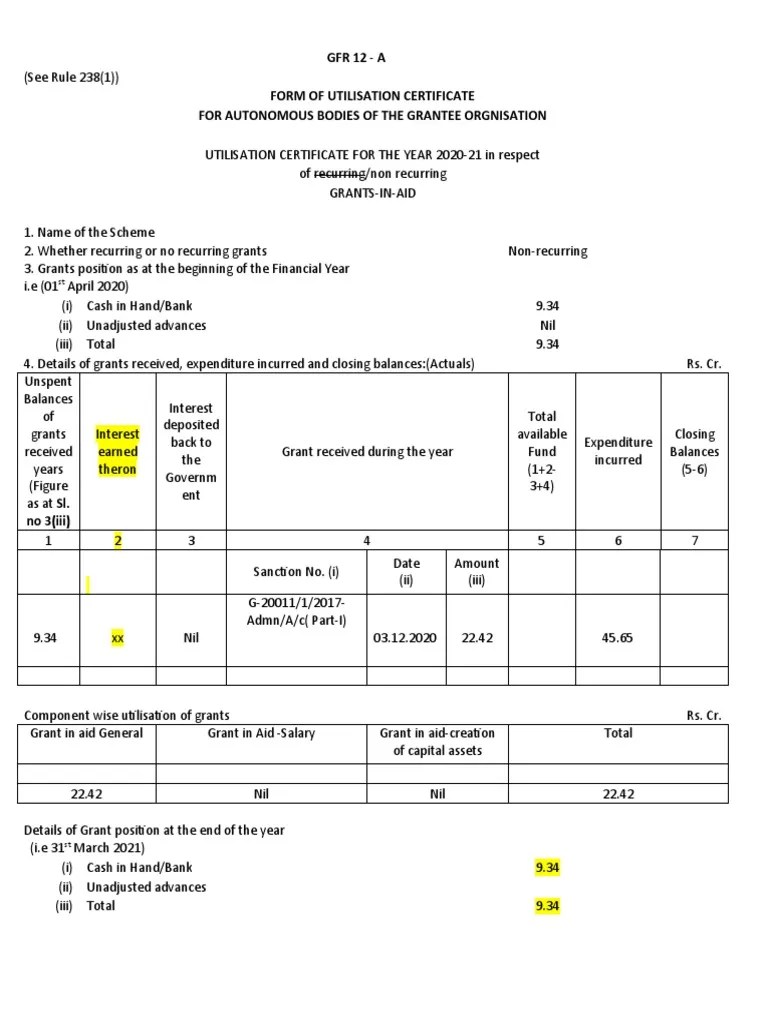 GFR 12 A Form of Utilisation Certificate For Autonomous Bodies of The