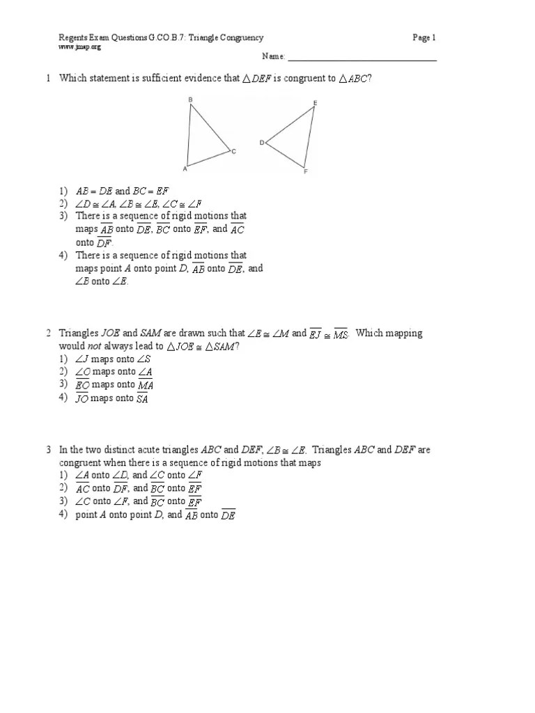 Regents Exam Questions G.CO.B.7 Triangle Congruency Name PDF Elementary Geometry