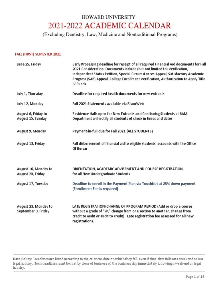 Howard University 20252026 Calendar PDF Workweek And Weekend(04)