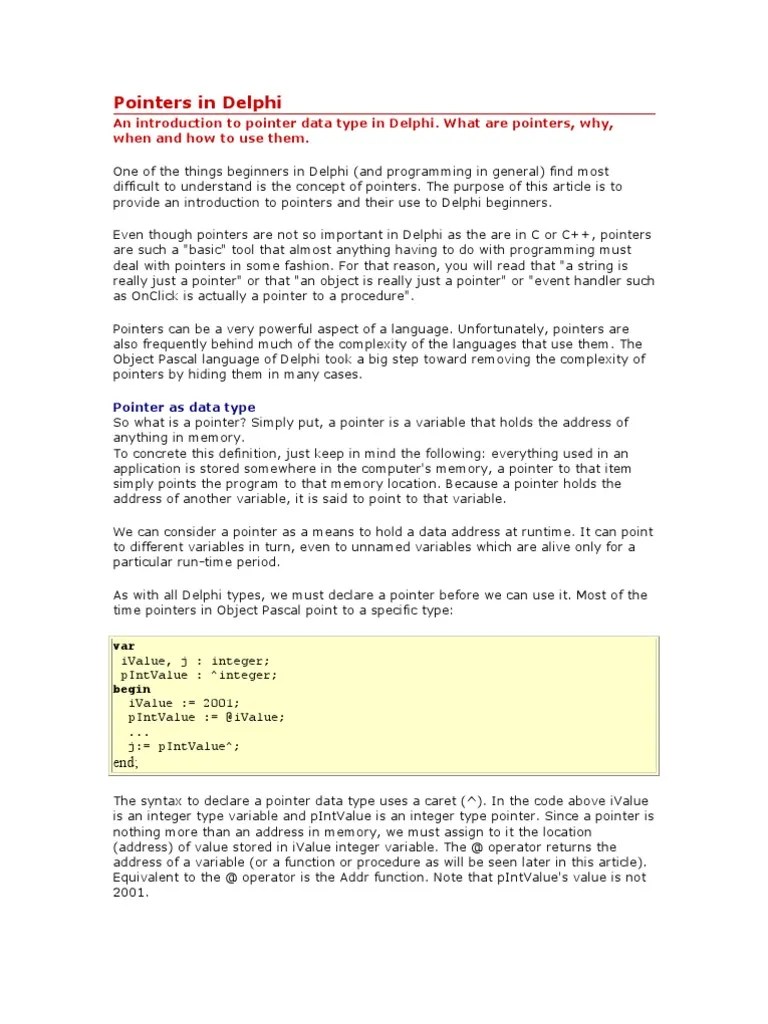 Delphi Pointers in Delphi PDF Pointer Programming) Data Type
