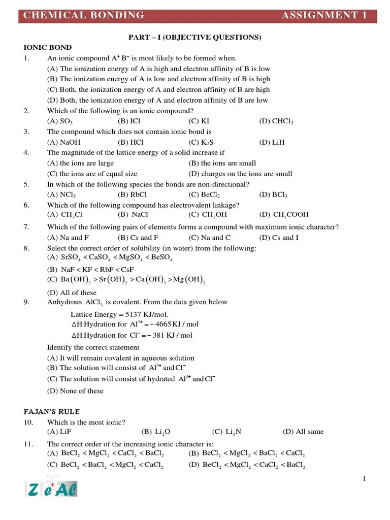 Assignment 1 - Chemical Bonding | PDF | Chemical Bond | Solvation