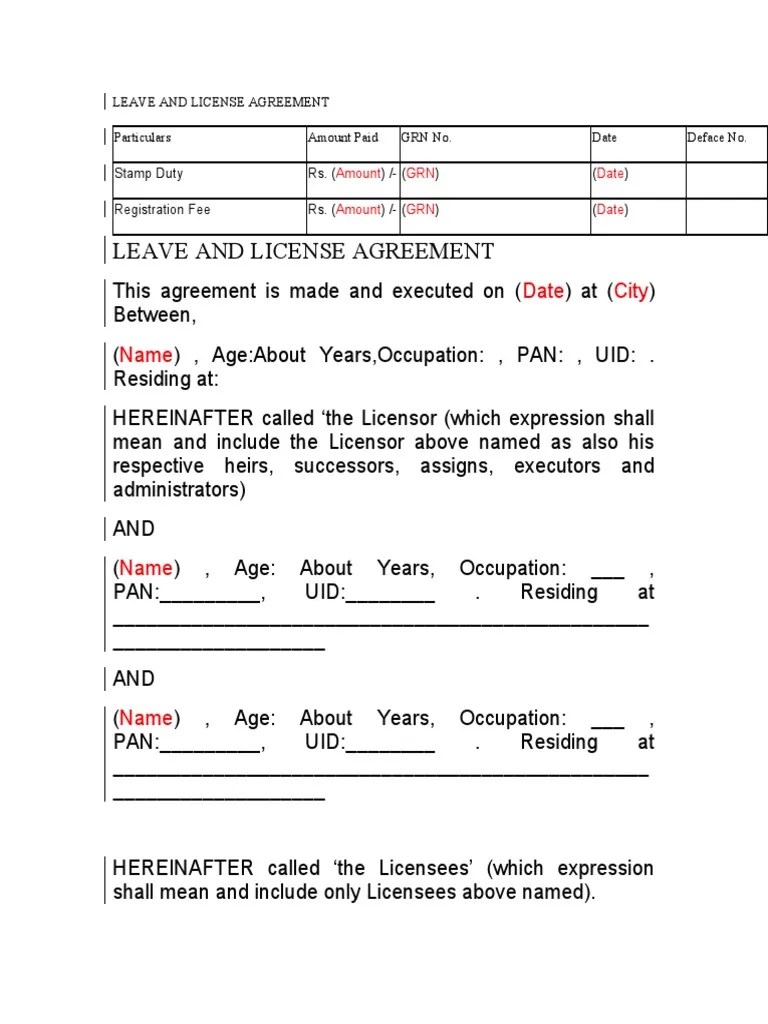 Leave and License Agreement PDF License Landlord