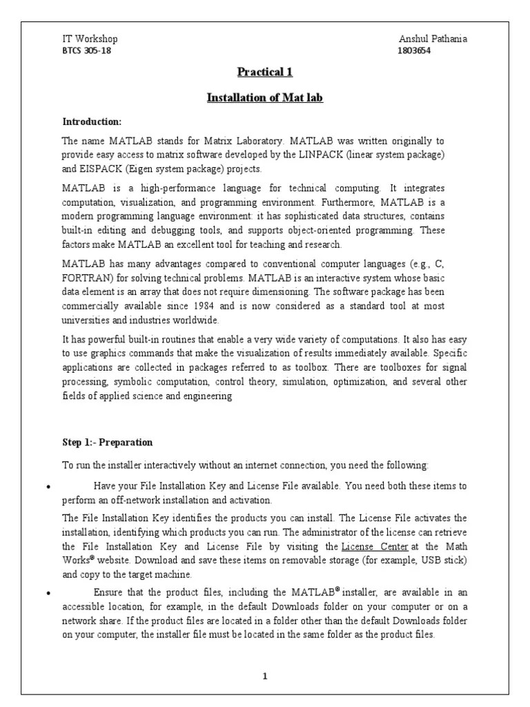 Practical 1 Installation of Mat Lab PDF Matlab Installation