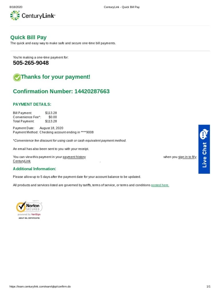 Centurylink Quick Bill Pay Confirmation Pdf