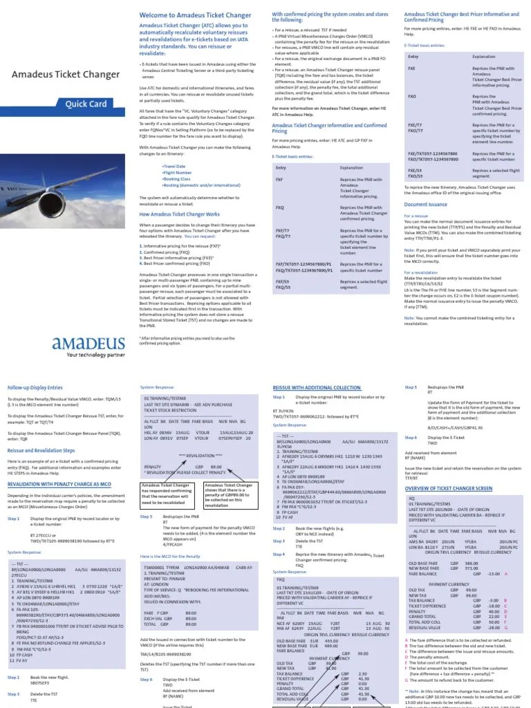 Amadeus Ticket Changer Quick Card Airlines Marketing Free 30day
