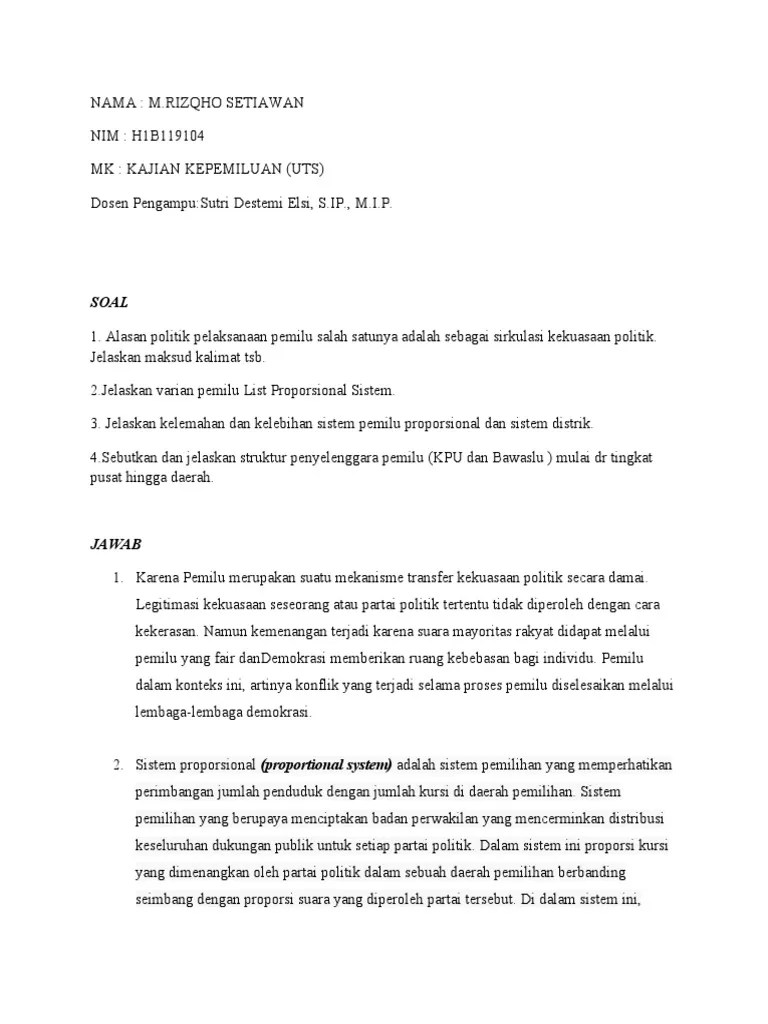 M.rizqho Setiawan - H1B119104 - Kajian Kepemiluan (Uts) | PDF