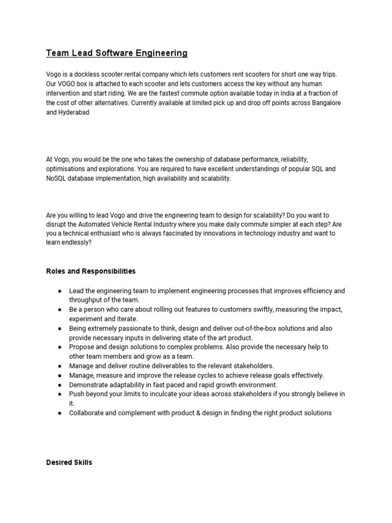 Team Lead Software Engineering Roles and Responsibilities PDF