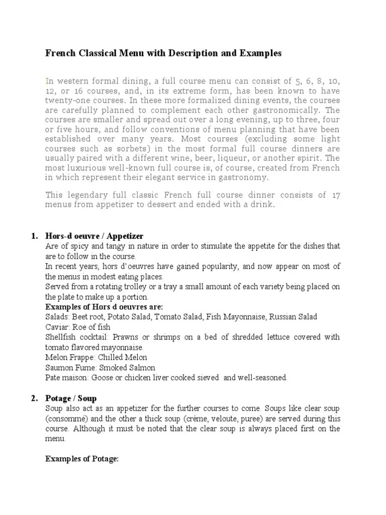Classical French Menu PDF Entrée Hors D'oeuvre