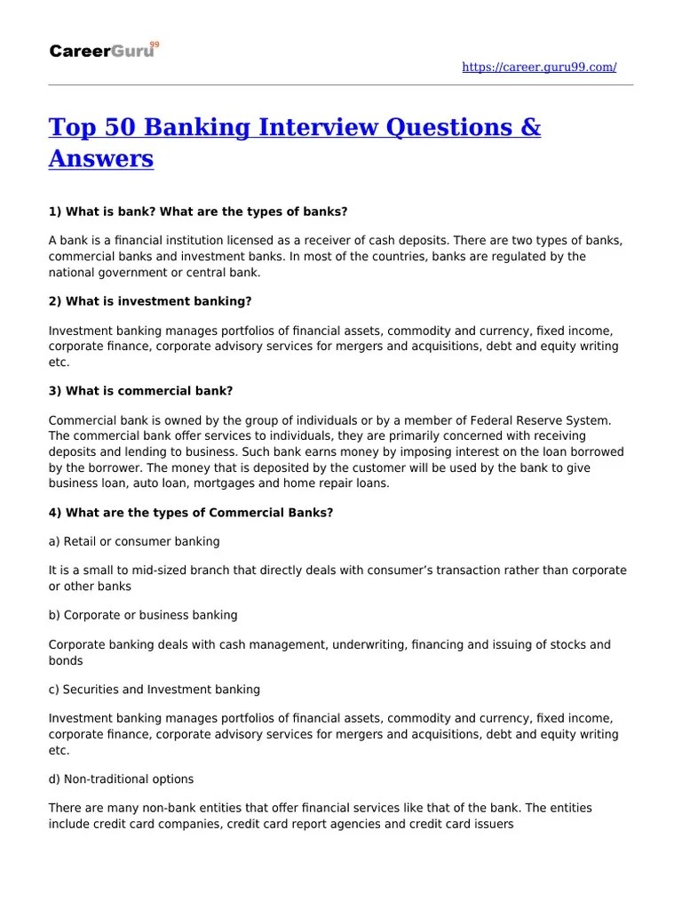 50 Banking Interview Questions and Answers PDF Loans Credit
