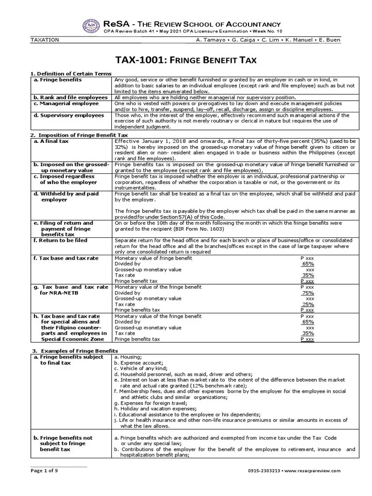 Fringe Benefit Tax PDF Employee Benefits Tax Exemption
