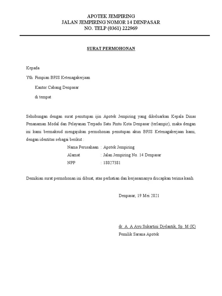 SURAT PERMOHONAN Apotek Jempiring | PDF