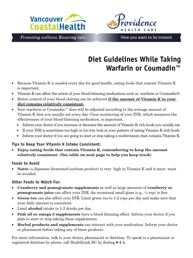 Diet Guidelines While Taking Warfarin or Coumadin™ Tips To Keep Your