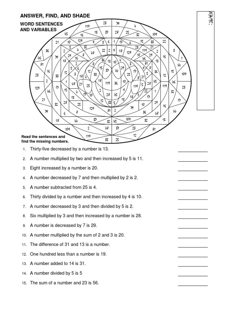 Answer, Find, and Shade Word Sentences and Variables PDF