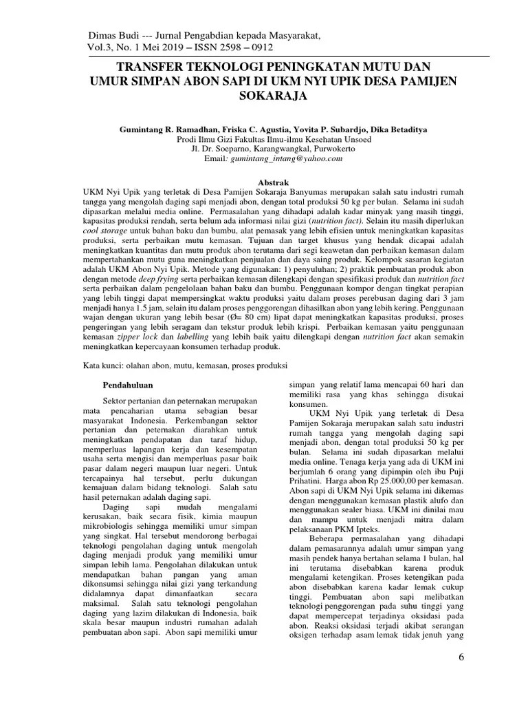 Transfer Teknologi Peningkatan Mutu Dan Umur Simpan Abon Sapi Di Ukm Nyi  Upik Desa Pamijen Sokaraja | PDF