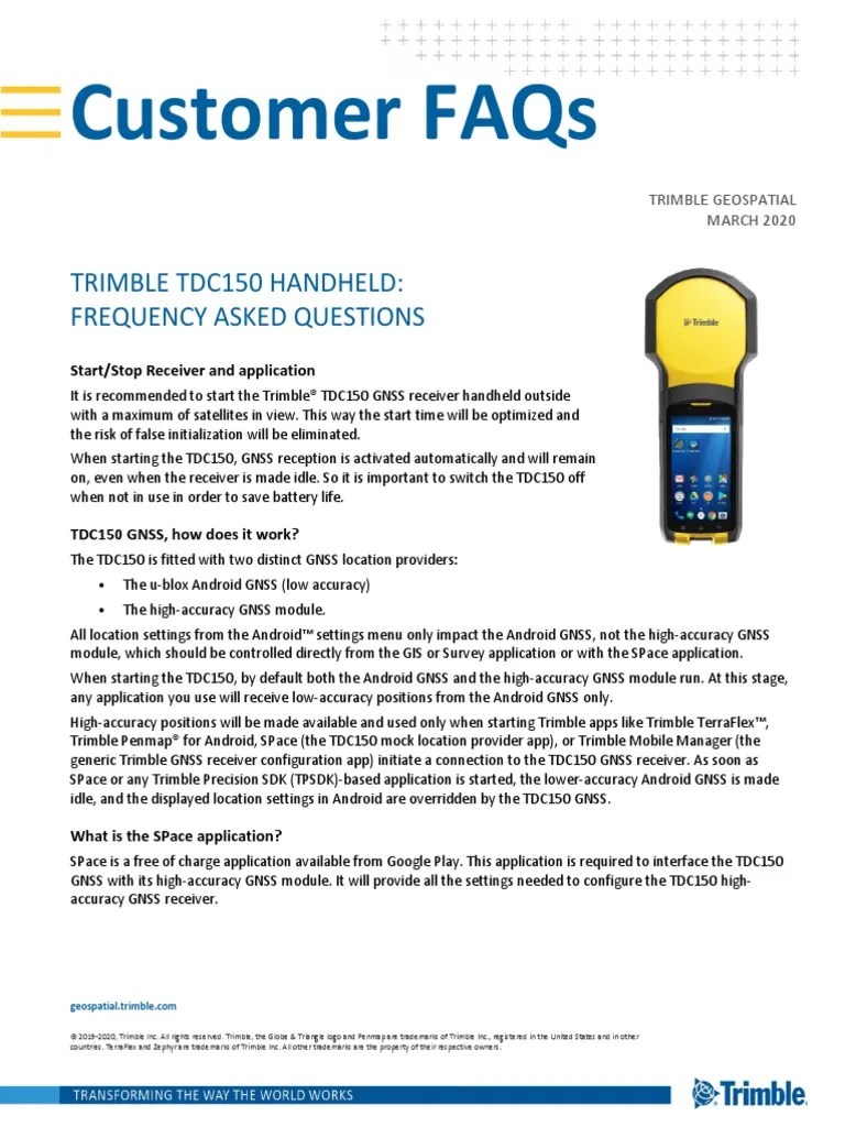 Customer Faqs Trimble Tdc150 Handheld Frequency Asked Questions PDF