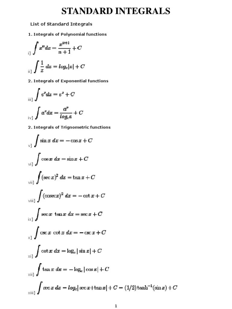 Standard Integrals