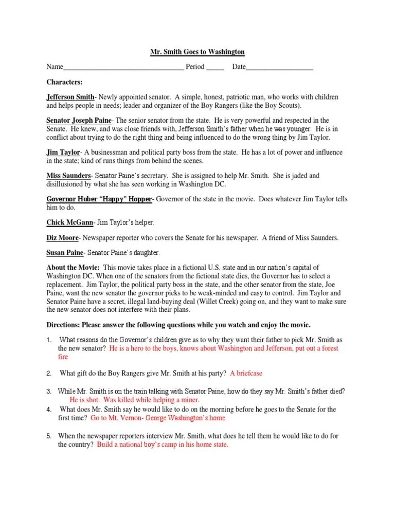 MR Smith Goes To Washington Worksheet New Key | PDF