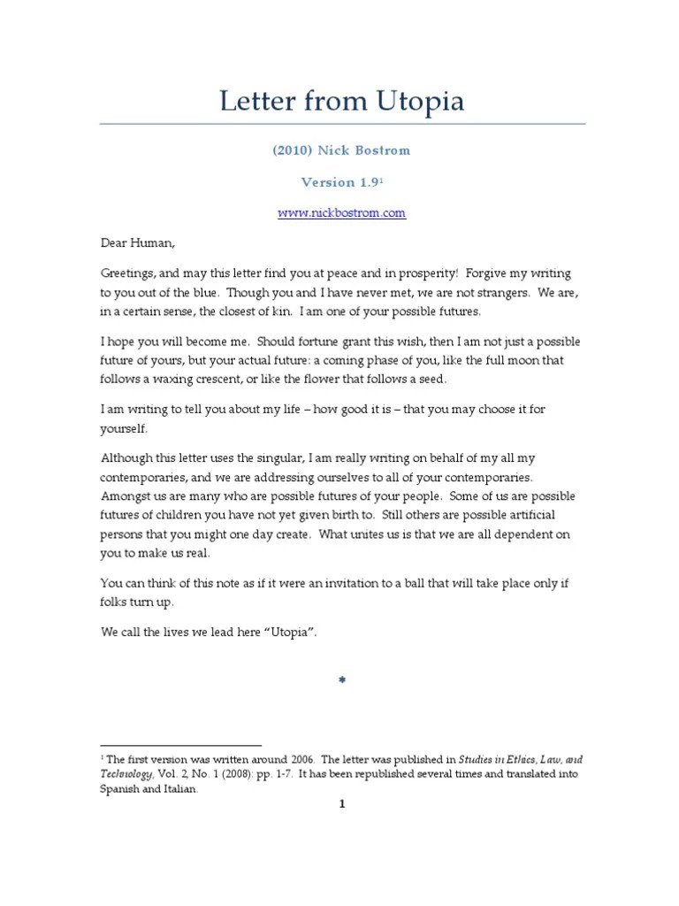 Letter From Utopia (2010) Nick Bostrom PDF Utopia Mind