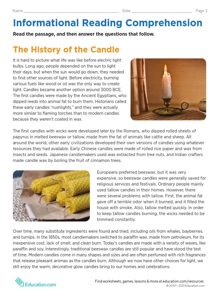 Informational Reading Comprehension The History of The Candle PDF